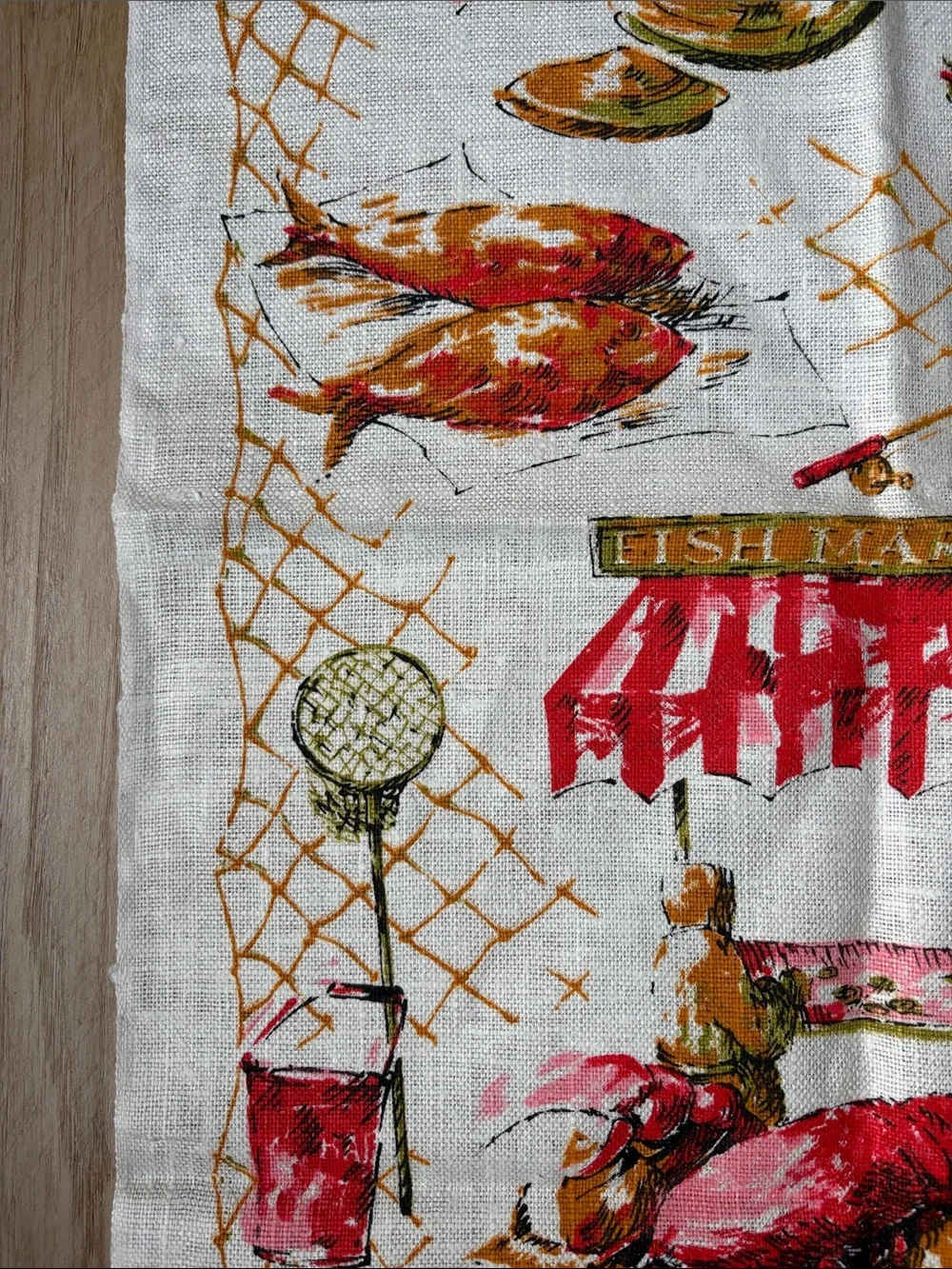 Vintage Fish Market Printed Kitchen Tea Towel - White with Red and Gold Accents